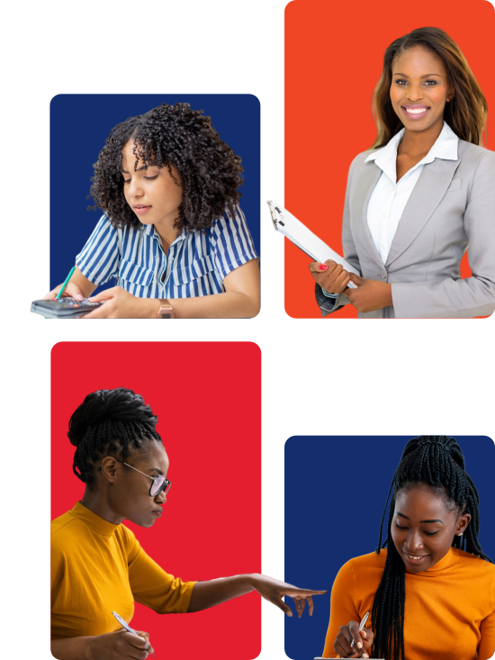 "Four African women with calculators and files, standing against Tlotlomadi's brand colors, symbolizing professional business services