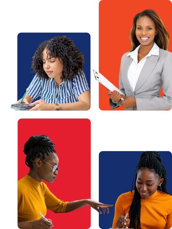 Four African women with calculators and files, standing against Tlotlomadi's brand colors, symbolizing professional business services