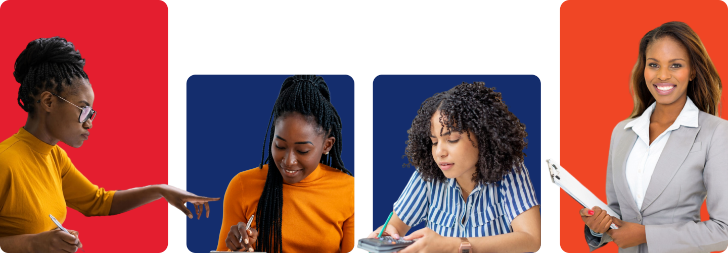 "Four African women with calculators and files, standing against Tlotlomadi's brand colors, symbolizing professional business services.